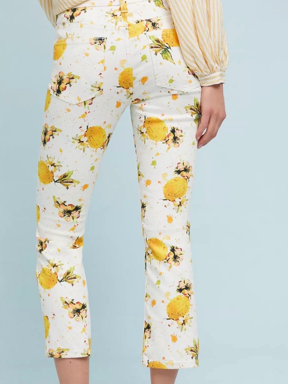 Anthropologie Lemon Grove White Yellow Watercolor Citrus Crop Jeans